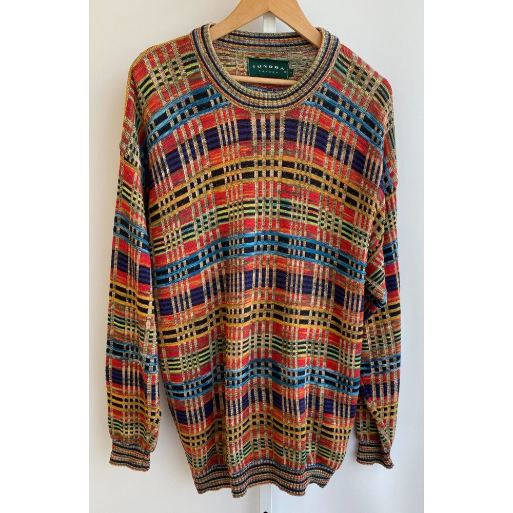 Vintage Tundra Plaid Pattern Knit Grandpa Sweater Size Large Multicolor